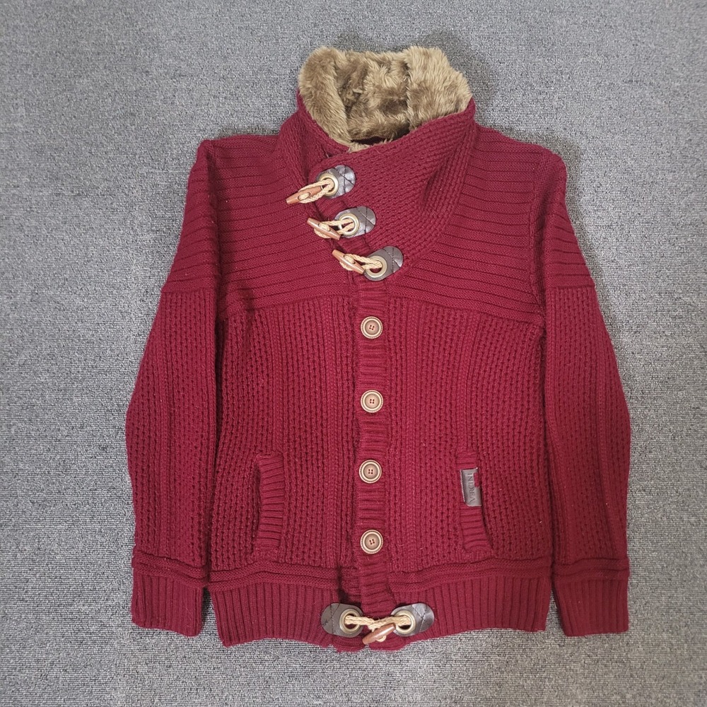 Vercini Size L Cardigan Mens Burgundy Toggle Faux Fur Collar Waffle Knit Sweater